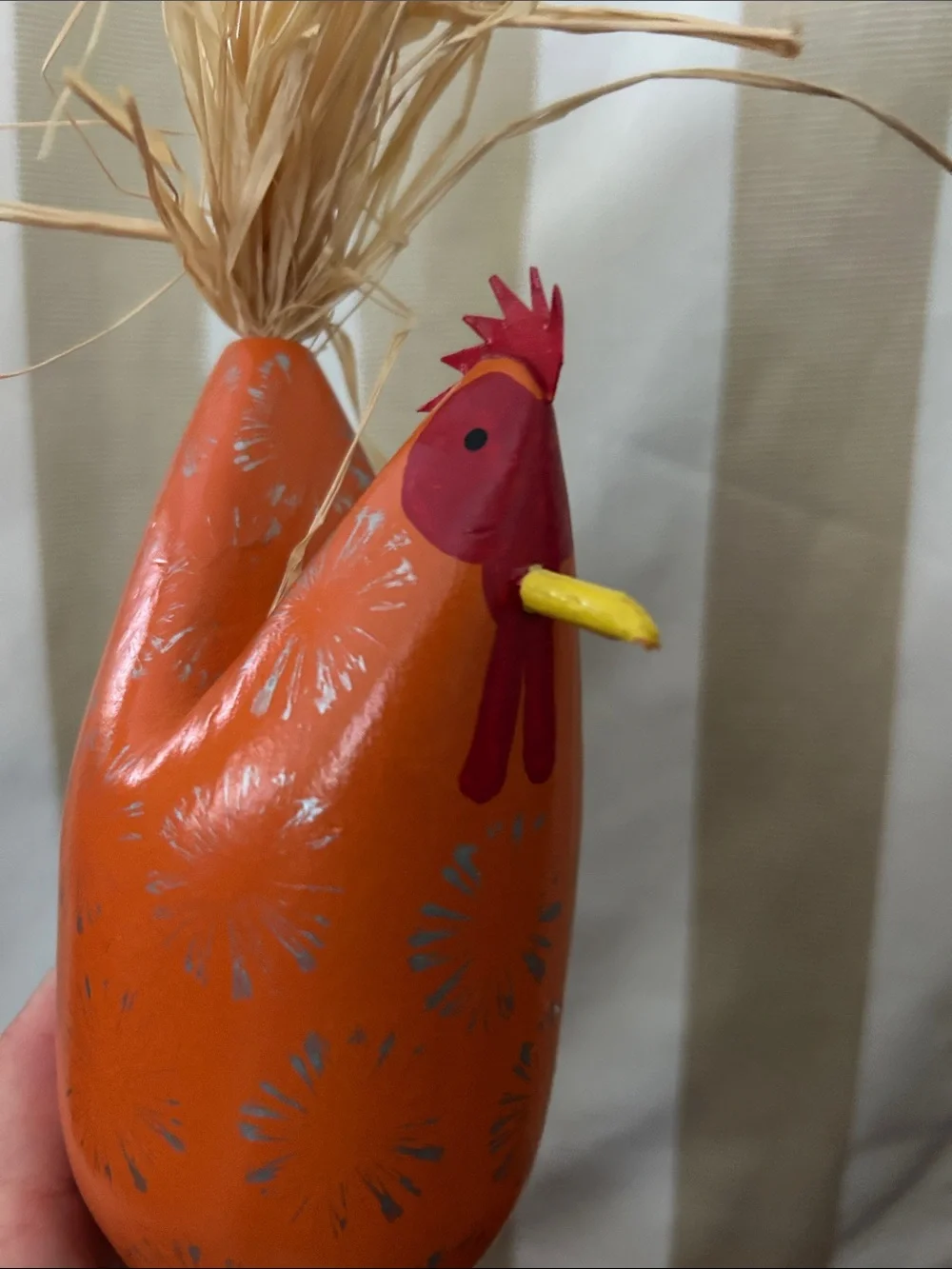 Hand-Painted Orange Wooden Rooster Accent with Raffia Tail